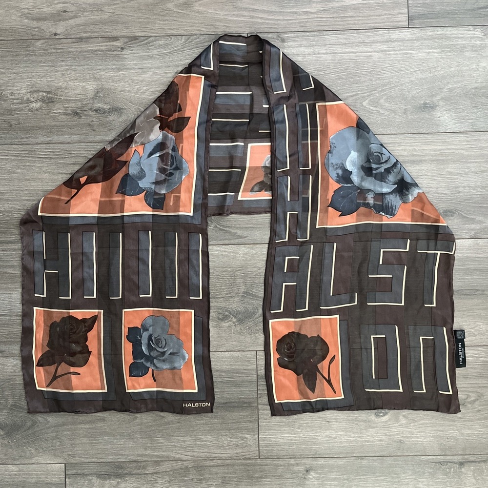 Halston Lifestyle 100% Silk Scarf Brown Orange Floral 58"X13"